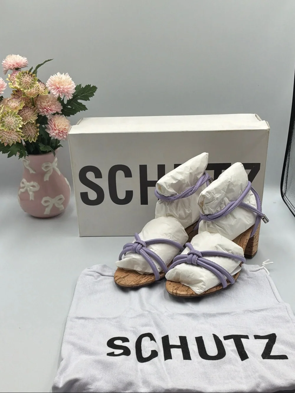 SCHUTZ Lavender Strappy Cork Block Heel Sandals